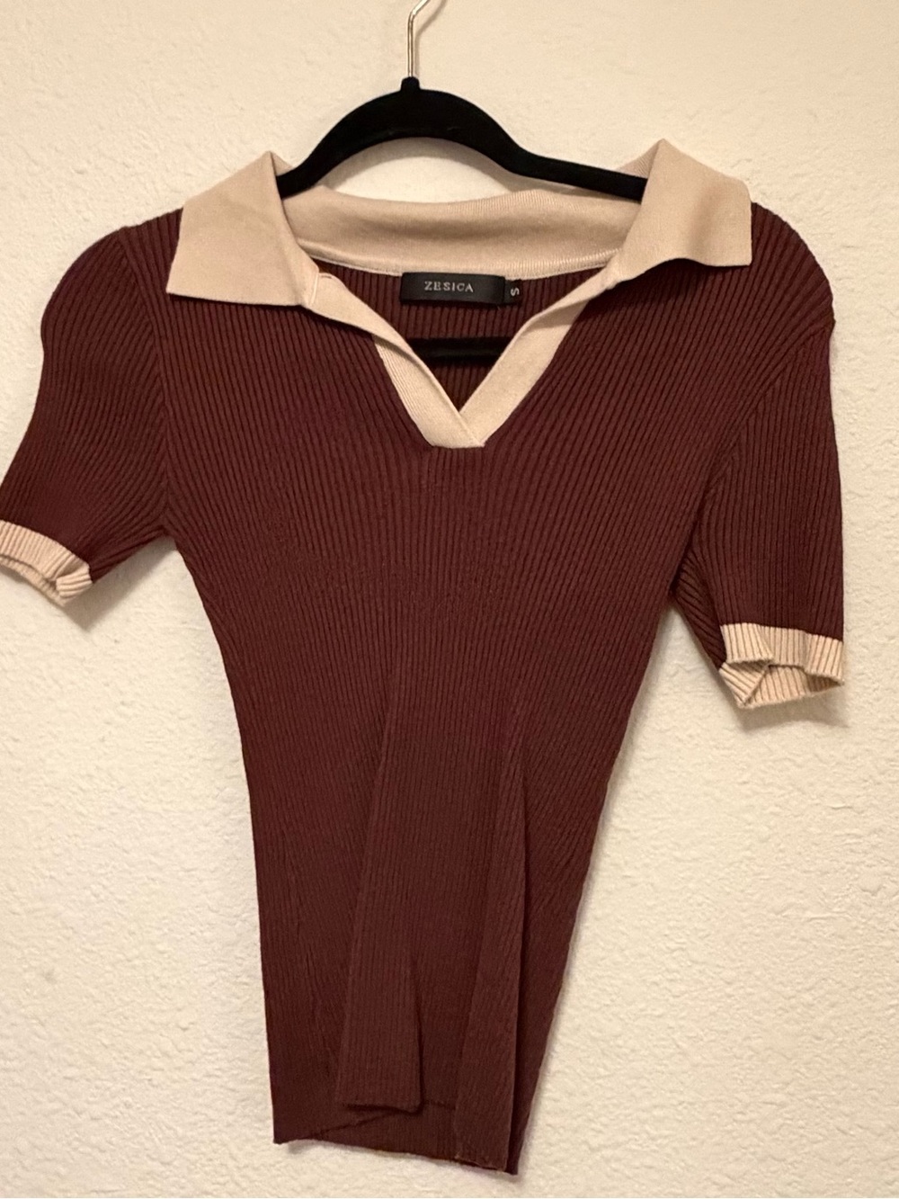 Women's Ribbed Polo Top in Brown and Cream